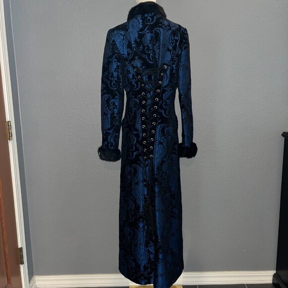 GOTH SHRINE BLACK FOREST MAXI COAT - BLUE/BLACK TAPESTRY - SOLD OUT - NWOT - L - Picture 12 of 15